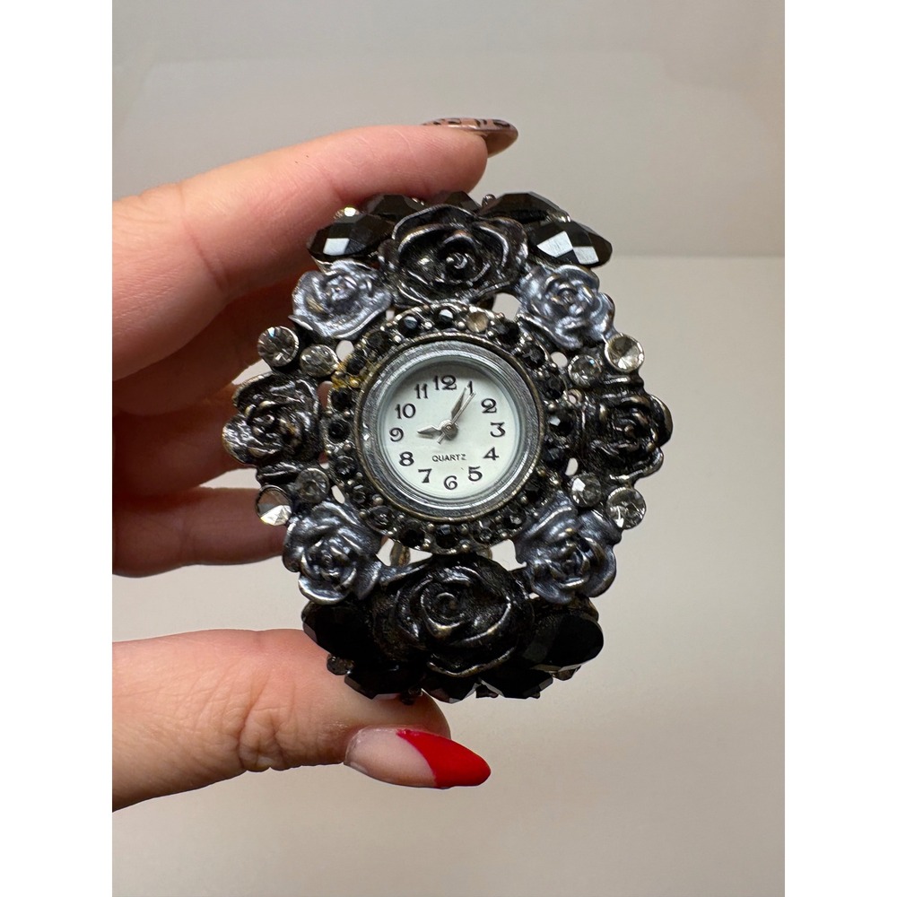 Vintage Style Black Rose Floral Cuff Watch Silver Tone Gothic Quartz Bracelet